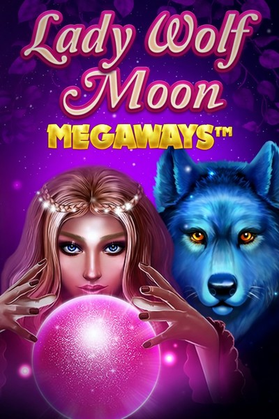 Cover van de gokkast Lady Wolf Moon Megaways uit de lobby van Betwest, met een wolf bij volle maan