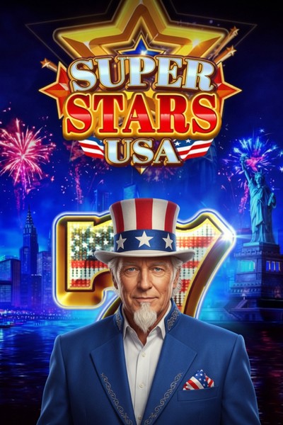 Cover van de gokkast Super Stars USA uit de lobby van Casinova, met sterren in rood, wit en blauw
