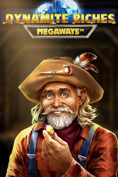 Cover van de gokkast Dynamite Riches Megaways uit de lobby van Cleobetra, met dynamiet en goudklompen