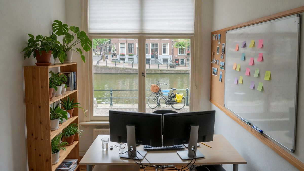 Redactiekamer met twee beeldschermen, planten, een whiteboard en een raam met uitzicht op een Amsterdamse gracht