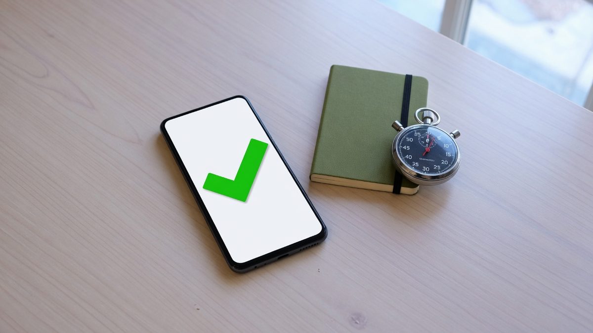 Smartphone met een groen vinkje naast een analoge stopwatch en een gesloten notitieboekje